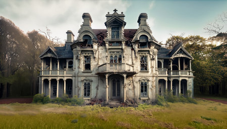 abandoned mansion in the park, vintage style, tonedの素材