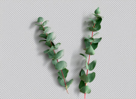 two eucalyptus twigs isolated over white background, natural design elements or props for flatlays and digital floristry, top view . High-quality photoの写真素材