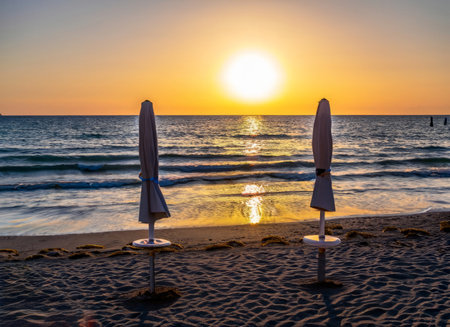 Sunset on the beach in Sorrento, Campania, Italyの素材