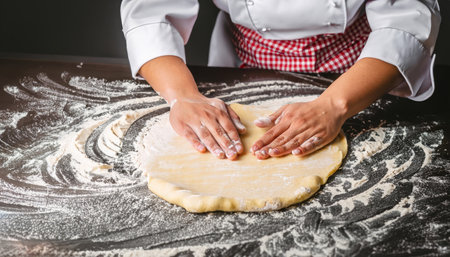 Closeup of female hands kneading dough on table with flourの素材