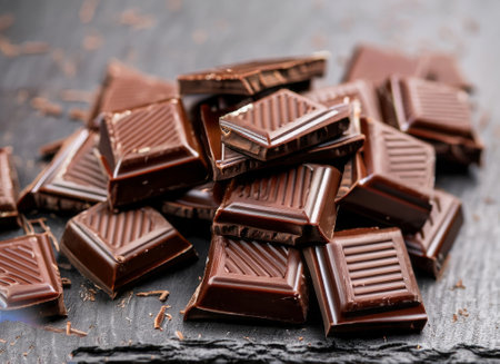close up of chocolate pieces on a black slate slab, selective focusの素材