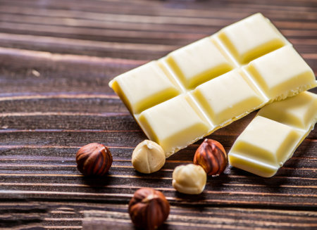 white chocolate with nuts on a wooden background. tinting. selective focusの素材