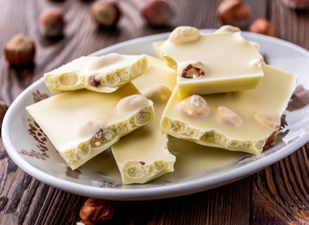 White chocolate with nuts on a wooden background. Selective focus.の素材