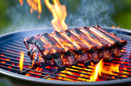 Grilled pork ribs on a barbecue grill with flames in the backgroundの素材