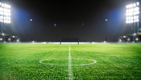 soccer ball on greenfield at night with lights and spotlightsの素材