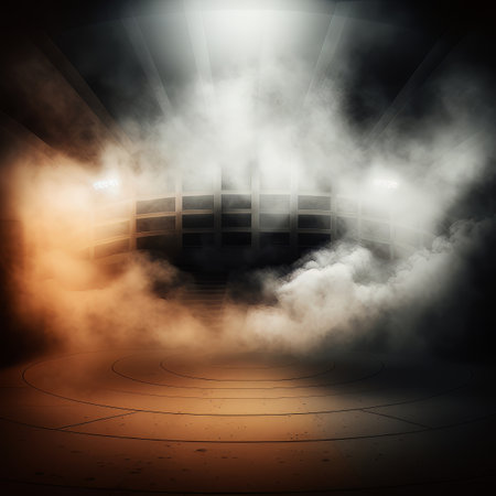 Empty stage with smoke and spotlights. 3D render. Internship backgroundの素材