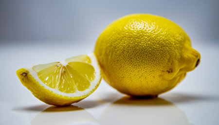 Lemon and a slice on a granite slab. Selective focus.の素材