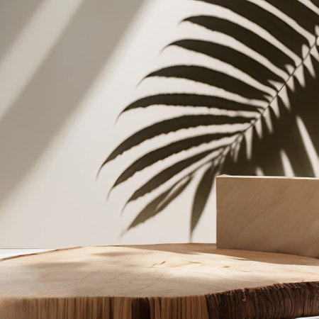Wooden table and palm leaf shadow on white wall. Mock up for designの素材