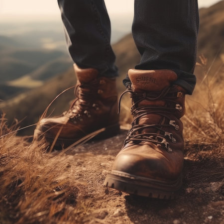 Hiking boots on the top of a mountain in the rays of the setting sunの素材