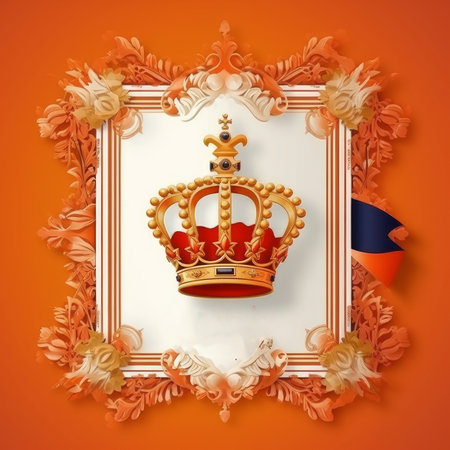 Vintage royal crown with floral frame on orange background. Vector illustration.の素材