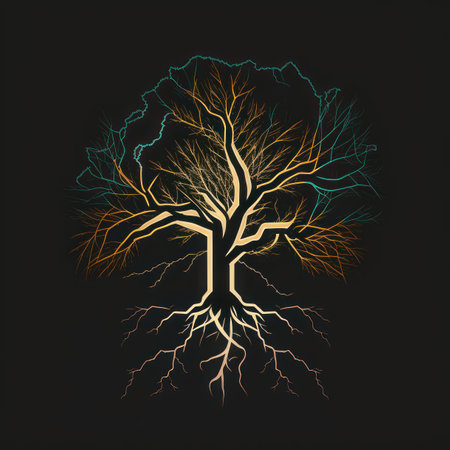 Stylized tree with roots on a dark background. Vector illustration.の素材