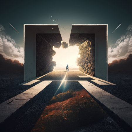 Conceptual image of a man coming out of an open doorの素材