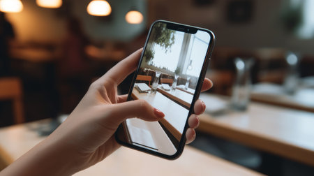 Close up of woman hands holding smartphone with blank screen in cafe.の素材