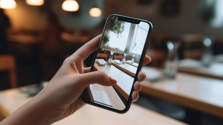 Cropped view of woman taking photo with smartphone on blurred background in cafeの素材