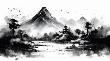 Asian traditional painting, Watercolor painting on canvas, Black and whiteの素材