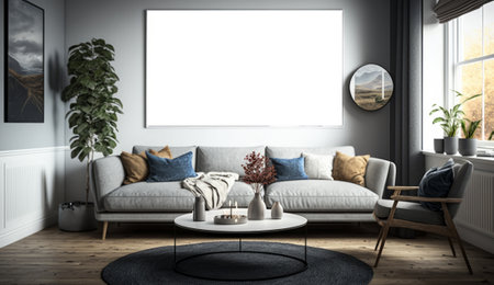 Modern living room interior with empty mock up poster frame. 3D Renderの素材