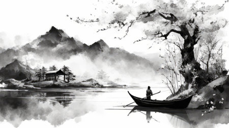 Watercolor painting of a man fishing in a boat on the lake.の素材
