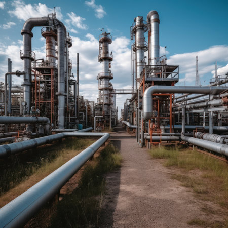 Industrial zone, Steel pipelines and cables of an oil refinery.の素材