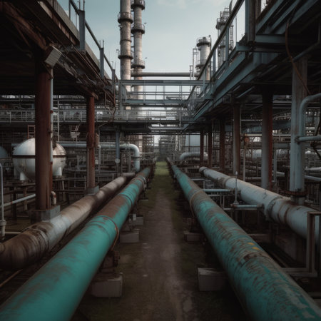 Industrial zone, Steel pipelines and cables of a large industrial plantの素材