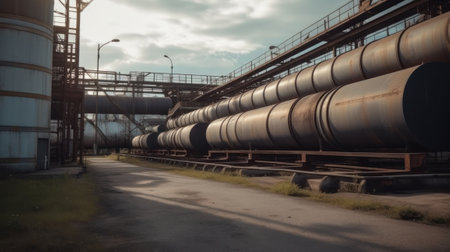 Industrial zones. Steel pipelines and tanks. Selective focus.の素材