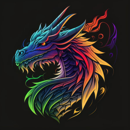 Colorful dragon on a black background. Psychedelic illustration.の素材