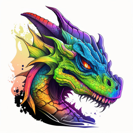 Dragon head with colorful splashes on white background. Vector illustration.の素材
