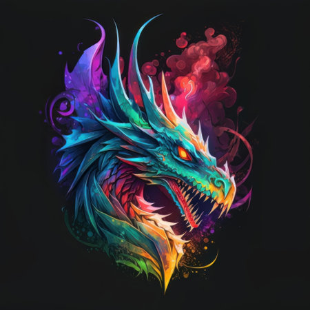 Dragon head with fire flames on a black background. Vector illustration.の素材