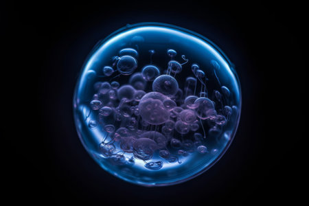 3d illustration of blue jellyfish in sphere on black background.の素材