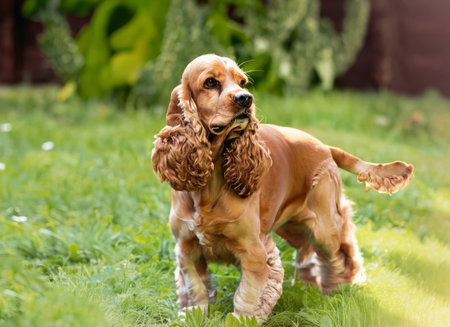 English Cocker Spaniel playing in the garden on a sunny dayの素材