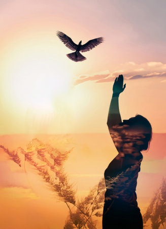 Silhouette of a woman with a dove on the sunset backgroundの素材