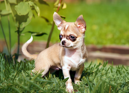 Funny puppy Chihuahua poses in the garden on the grassの素材