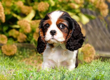 Cavalier King Charles Spaniel puppy sitting on the green grassの素材