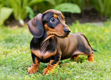 image of dog dachshund in the garden on green grassの素材