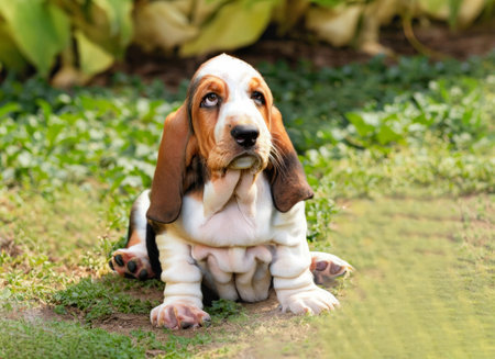Cute basset hound puppy sitting on the green grass.の素材