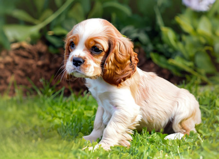 Cavalier King Charles Spaniel puppy sitting on the green grassの素材