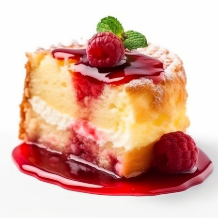Cheesecake with Raspberry Sauce Isolated on a White Background.の素材
