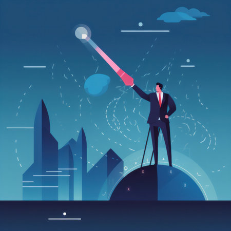 Businessman on a ladder reaching the target. Flat vector illustration.の素材