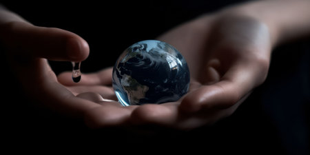Hands holding a glass globe with a drop of water on itの素材