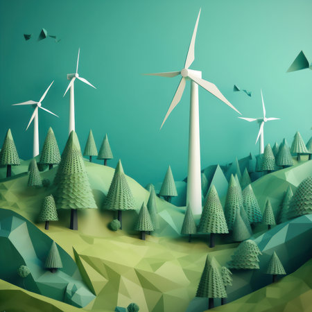 Wind turbines in the green mountains. Renewable energy concept. 3D Renderの素材