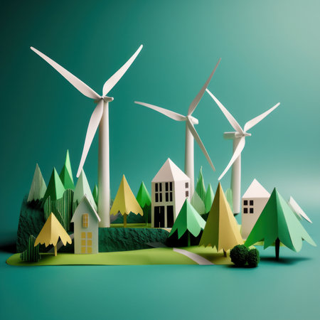 Green energy concept with windmills and houses. 3d renderの素材