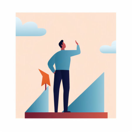 Businessman standing on the top of the mountain and pointing up. Vector illustration in flat styleの素材