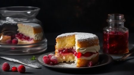 Cake with raspberries and cherry jam on a black backgroundの素材