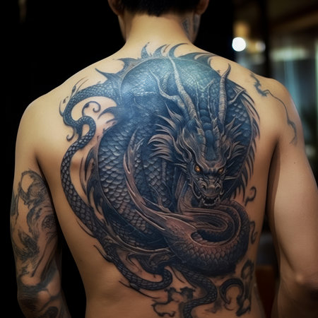 Tattooed asian man with a dragon on his backの素材