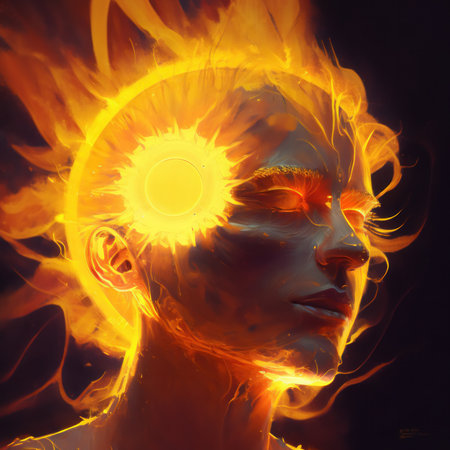 3d illustration of female head with sun and fire in her headの素材