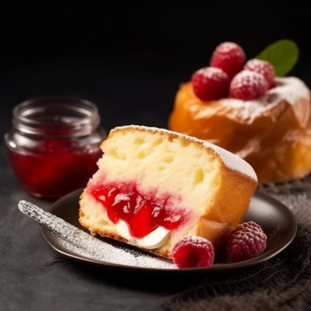 Cake with raspberries and jam on a black background.の素材