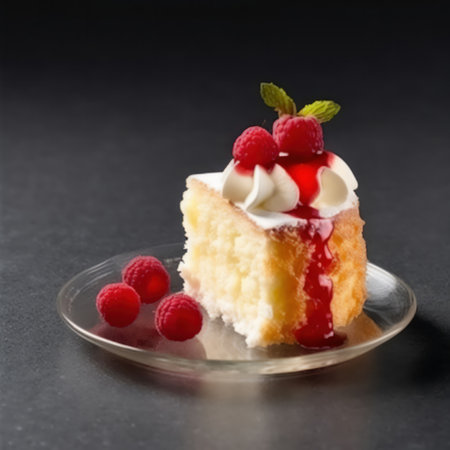 Piece of cake with raspberries and whipped cream on a glass plateの素材