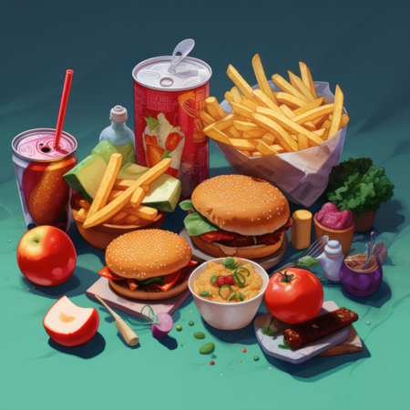 Fast food. Hamburgers, cheeseburgers, french fries, ketchup and colaの素材