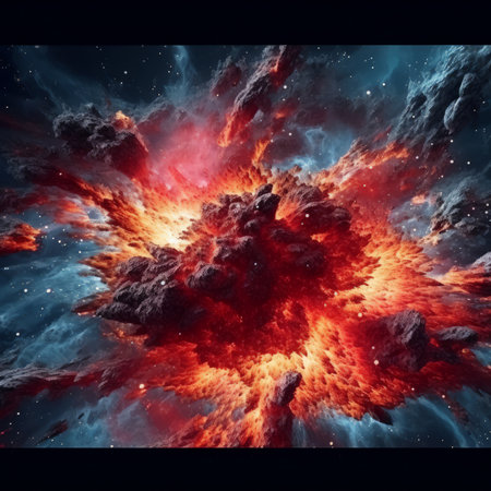 Fiery explosion in space. Abstract space background. 3d renderの素材