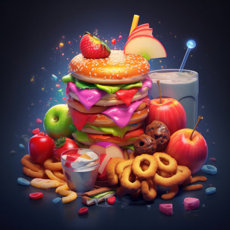Fast food concept. Stack of hamburgers, donuts, apples, nuts and candiesの素材