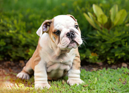 puppy Bulldog dog in garden. High-quality photoの写真素材